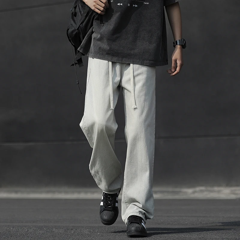 Fashion Loose Elastic Waist Spliced Pockets All-match Bandage Casual Pants Men's 2024 Spring New Oversized Solid Color Jeans