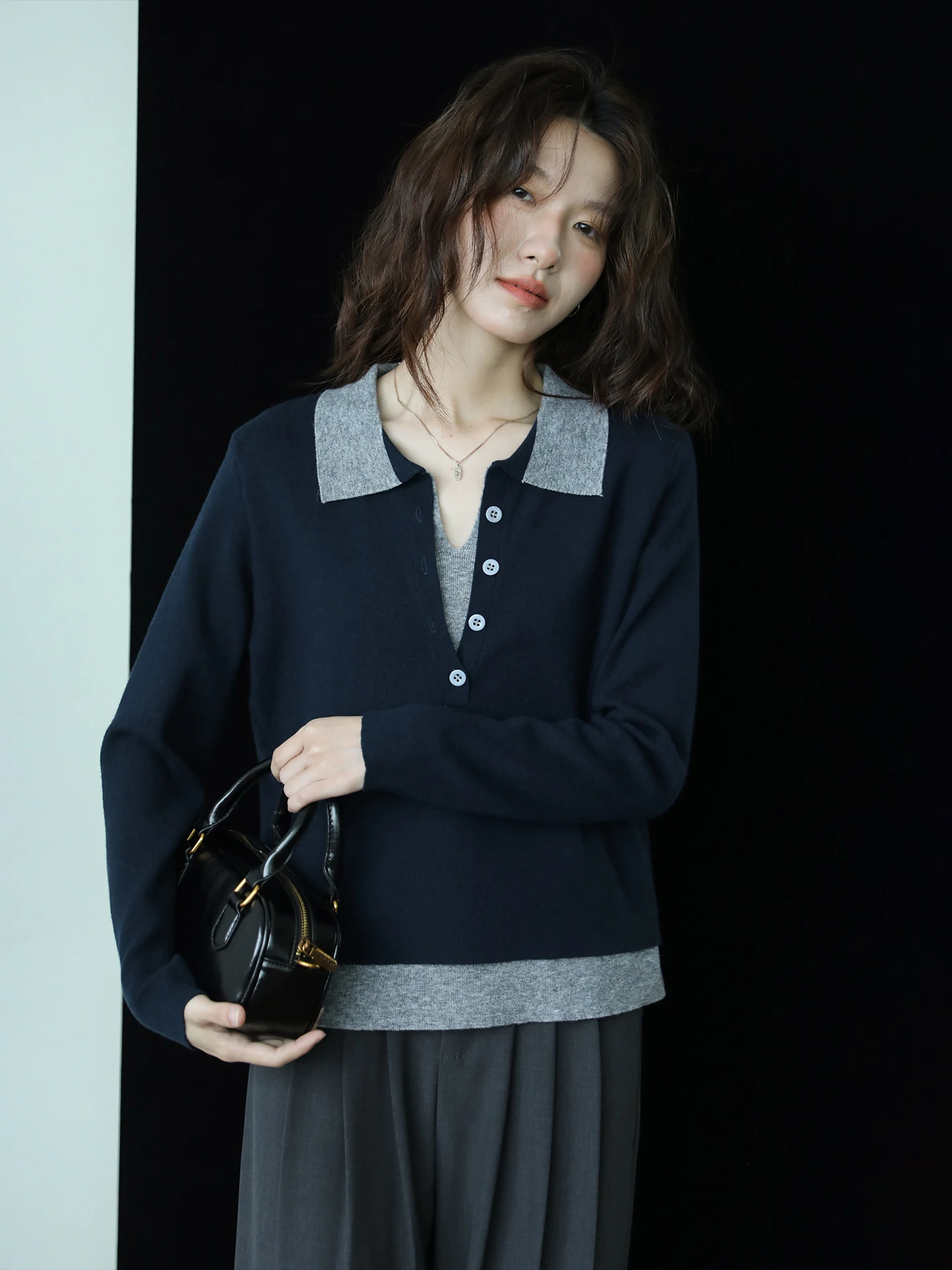 

College Sle Collar Knitted Sweater Women's Color Blo Design Fake Two-Piece Long Sve Soft Polyester Blend Breathable