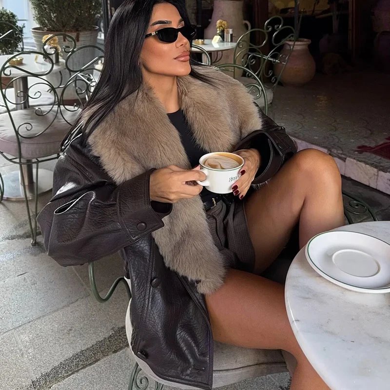 Women's Jacket 2025 New Fashion Autumn Winter Brown Detachable Faux Fur Collar Leather Jacket Casual Chic Ladies Coat