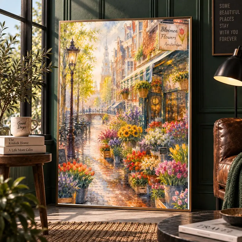 Flower Market Amsterdam Watercolor Painting, Amsterdam Wall Art, Amsterdam Canals Print, Netherlands Travel Print, City Poster