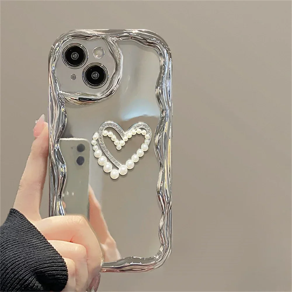 Luxury 3D Silver Pearl Heart Wavy Phone Case For iPhone 16 15 14 13 11 12 Pro Max Plus  7 8 Plus Soft Shockproof Cover