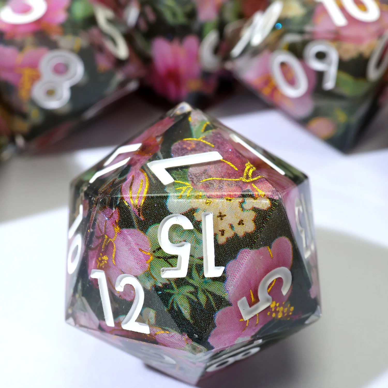 

Blossoming Pink Flowers Full Cover RPG Dice Set-Handmade Polyhedral Resin DND Dice for Board Games & Role Play-F15