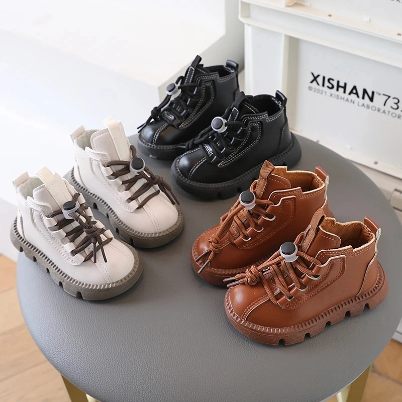 Kids Short Boots Girls Boys Leather Boots Fashion Trend Soft Sole White Black Baby Toddler Booties Spring Autumn Child Shoes