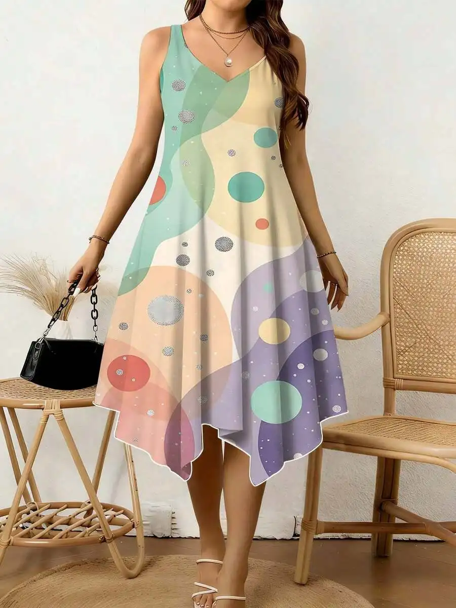 Vestido con cuello en V y dobladillo irregular para mujer con estampado de círculos abstractos coloridos y ondas pastel