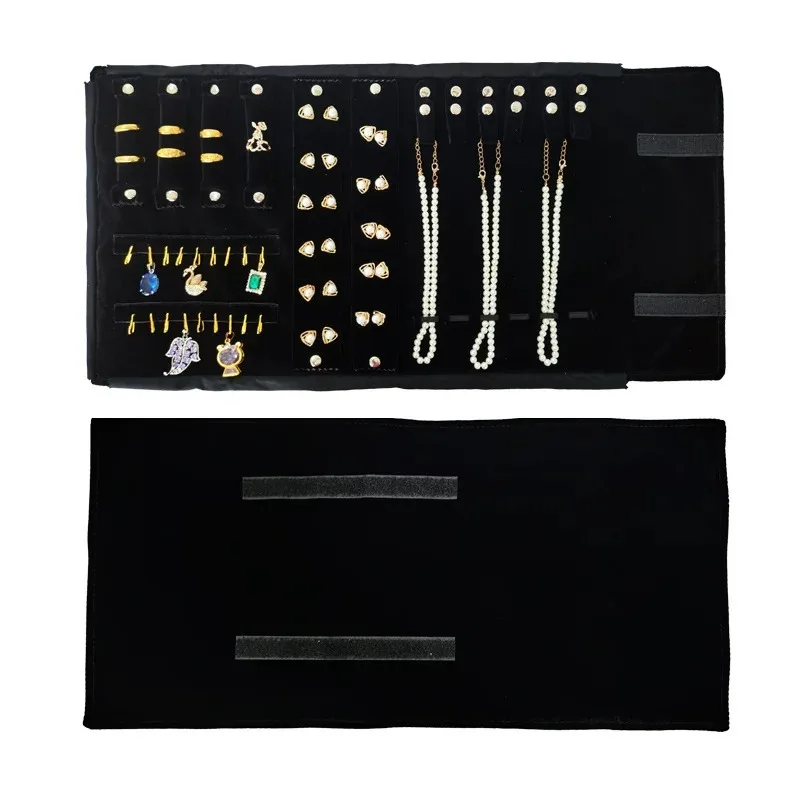 

Новая версия высококачественного черного бархата для хранения ювелирных изделий, сумка в рулоне, кольцо, кулон, серьги, выход на возвыйти, чтобы выгибать реквизит для хранения ювелирных изделий