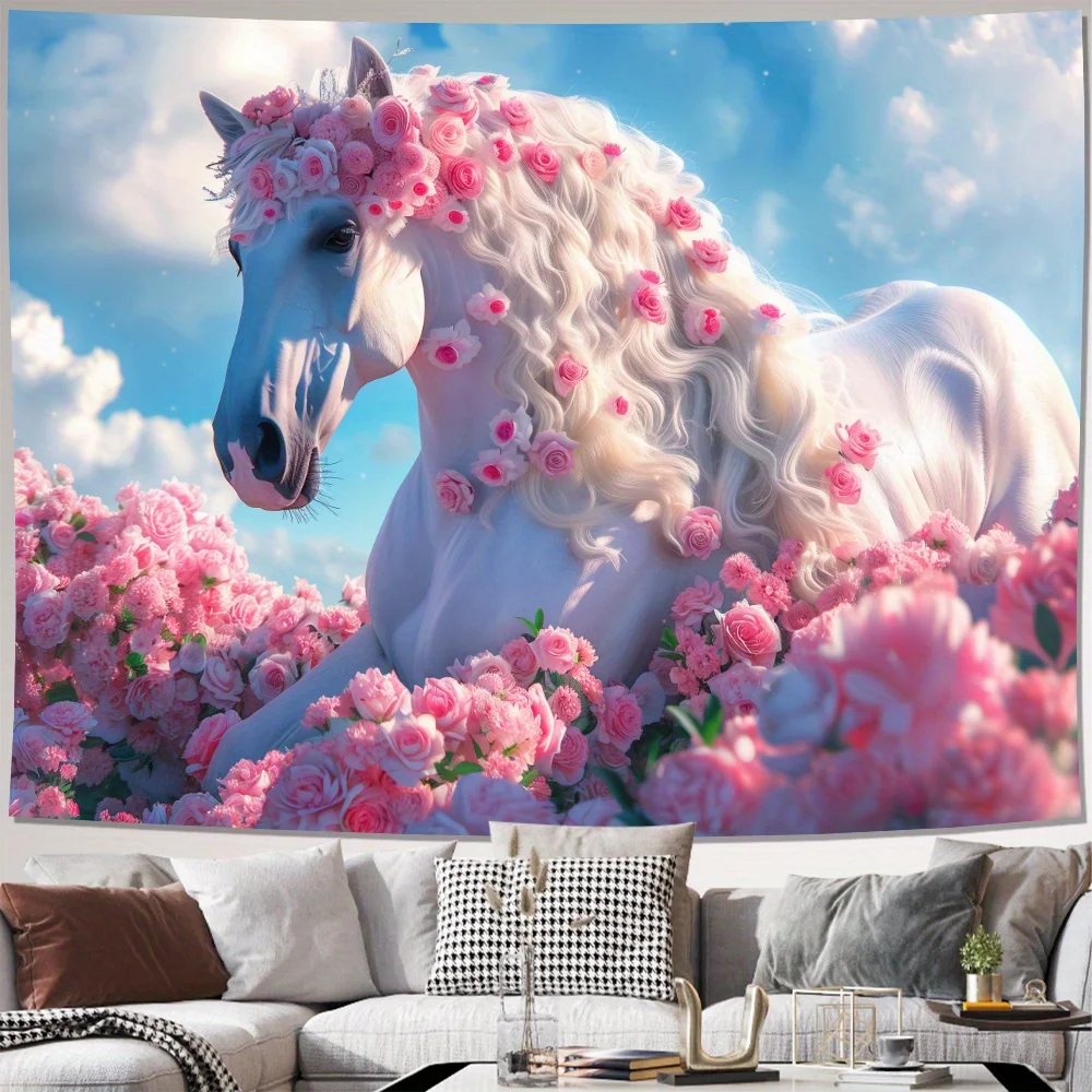 Majestic White Horse Floral Tapestry Rose Wall Hanging Art Decor Bohemian Living Room Bedroom Canvas Fantasy Print Romantic