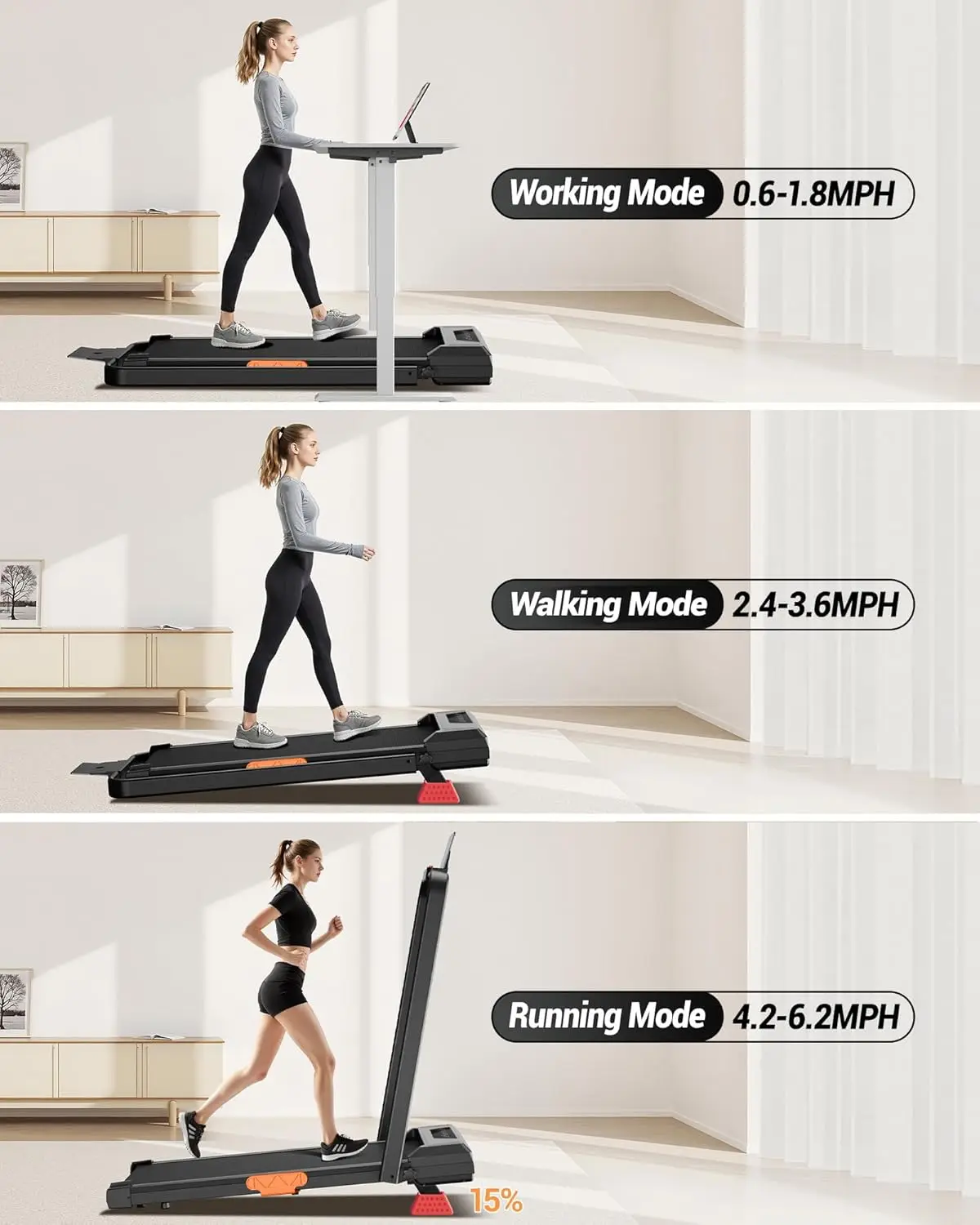 Portable Treadmill for Home and Office, Aluminum Material, Silver Color, 15% Incline, 2.5HP Quiet, 300 LBS Capacity