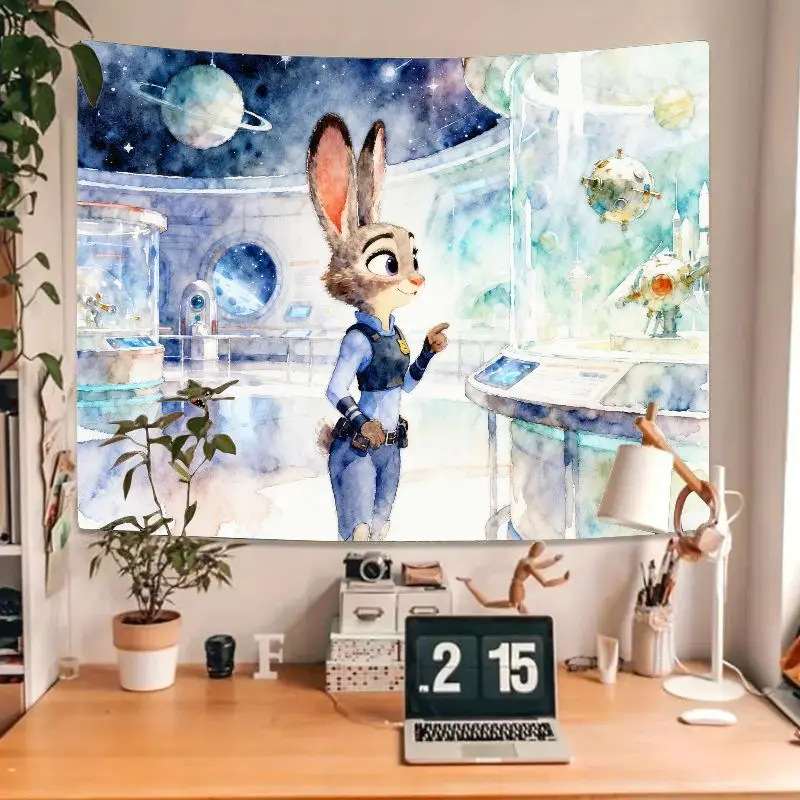 1PC ズートピア ジュディ・ホップス 水彩画 宇宙観測所 タペストリー ウォールアート、モダンなバニー警察官の寝室の装飾ギフト。