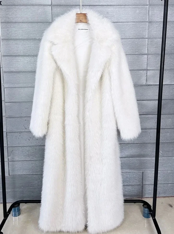 

Women Jacket Winter Lapel Thicken White Faux Fur Coats Jacket for Women Outerwears 130cm Super Long Fluffy Faux Fur Coat