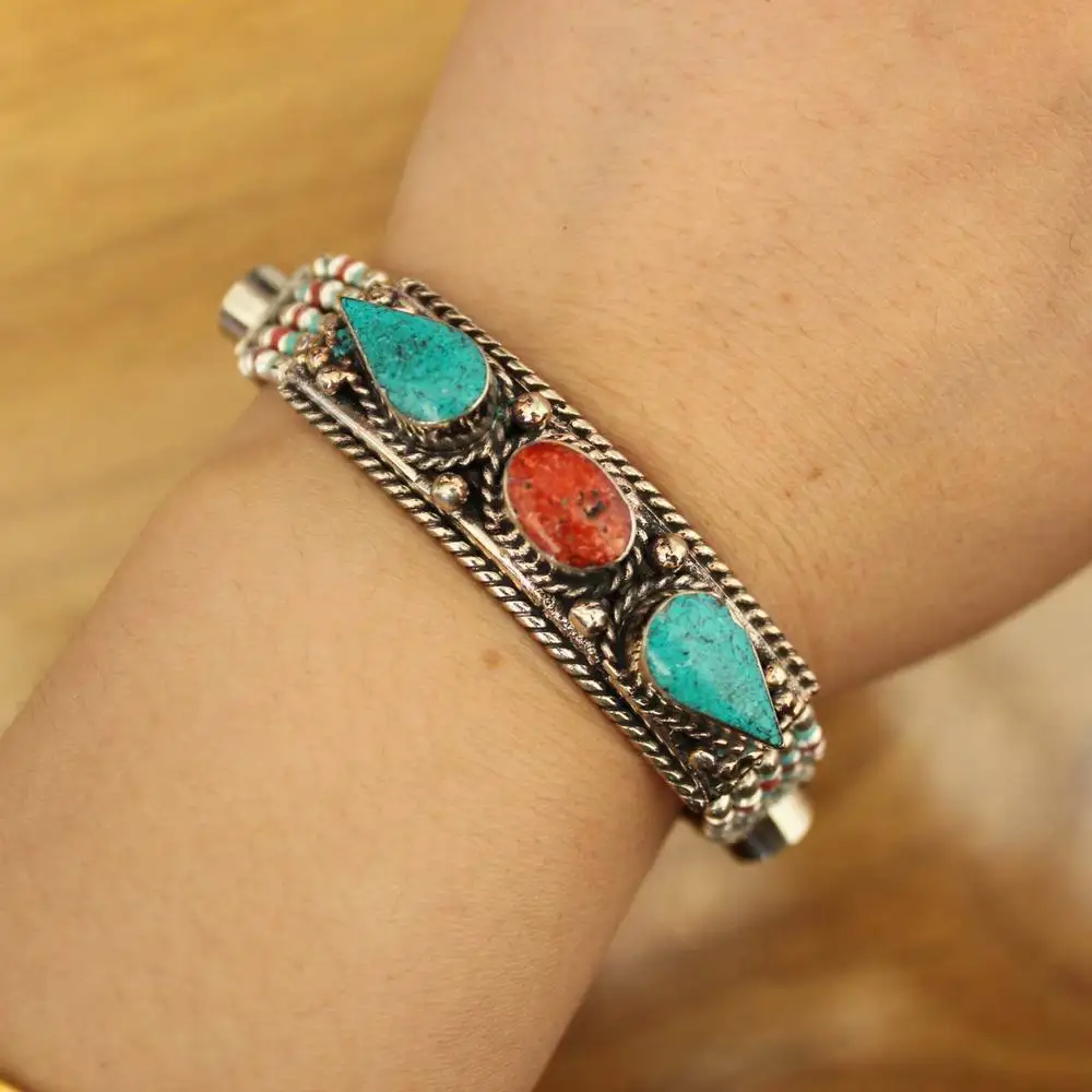 BR492 Nepal Jewelry Copper Inlaid Coral Turquoises Stone 15mm Width Clasp Bracelet Cuff For Women