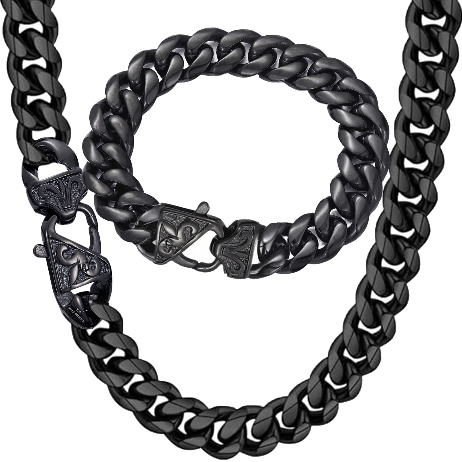 Black Huge 14mm Stainless Steel Miami Cuban Chain Bracelet Necklace Jewelry Set For Mens 24''+8.5''