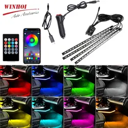 Car Foot Ambient Light with USB Cigarette Backlight Music Control App RGB Auto Interior Neon Strip Decorative Atmosphere Lamp