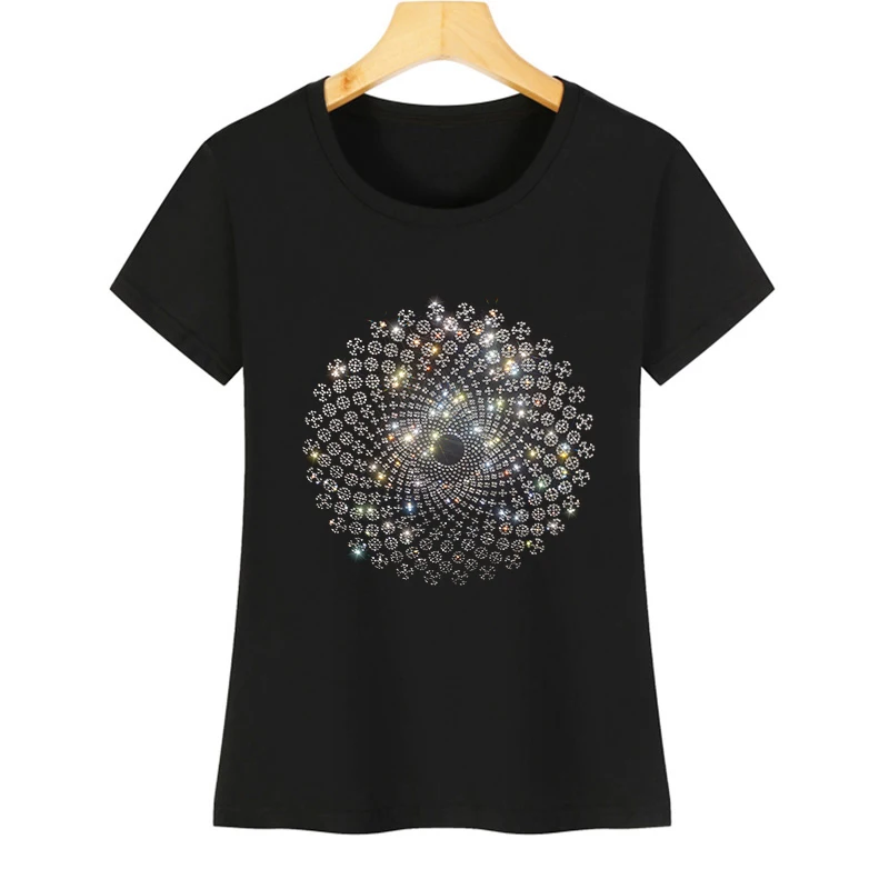 High-quality rhinestone pattern new Harajuku female T-shirt hot female T-shirt short-sleeved shiny rhinestone women's T-shirt