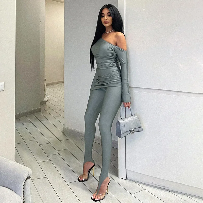 Solid color sloped collar long-sleeved suit T-shirt + high-waisted leggings trousers tight two-piece set club clothing Vestidos