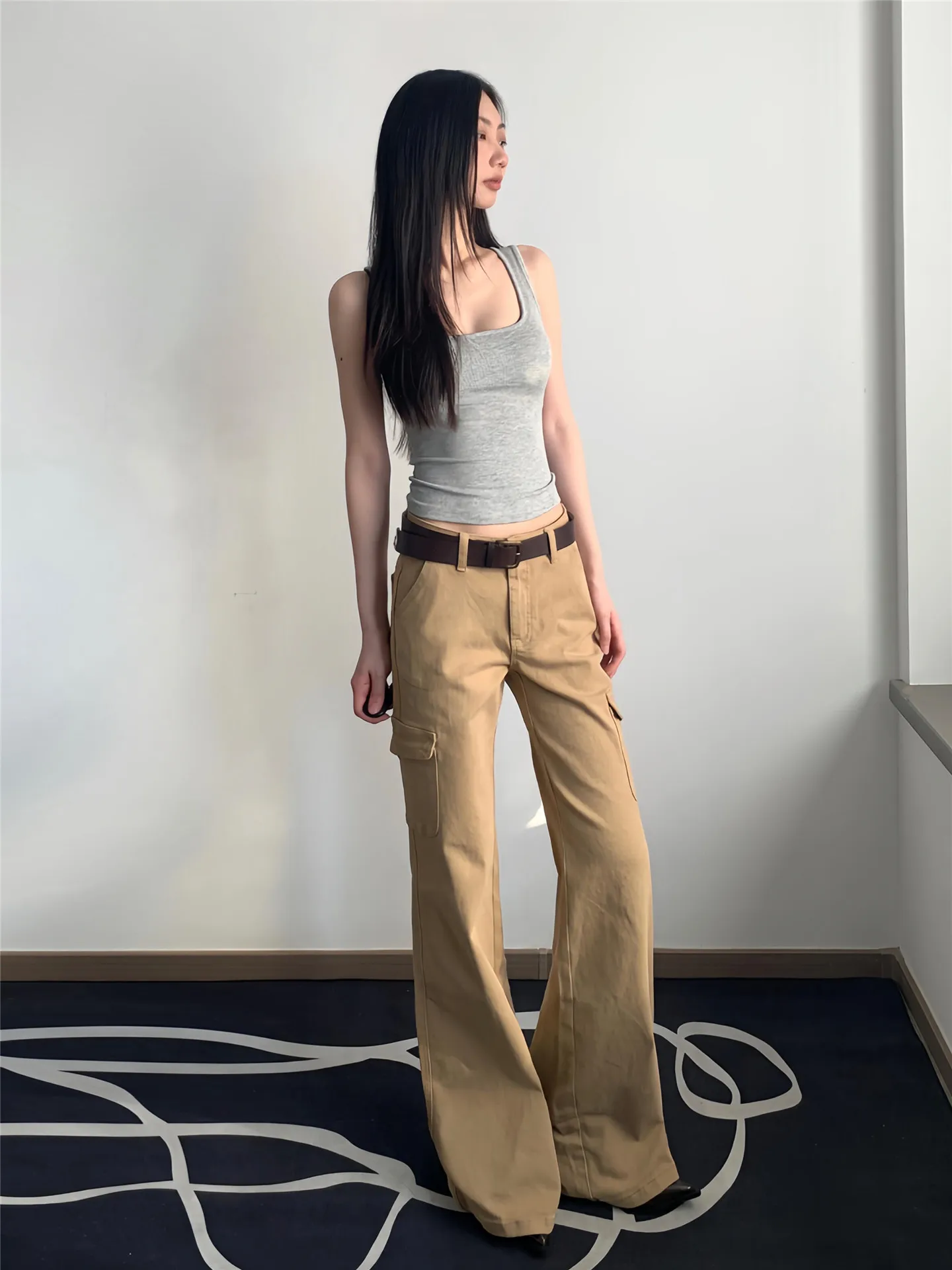 

American Style Low Waist Bell Bottom Loose Women's Jeans High Waist Extended Leg Pants Vintage Khaki Workwear Casual Cotton