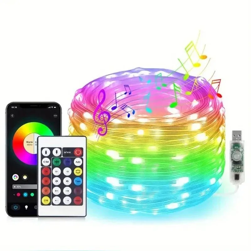 RGBIC Fairy Garland Lights, USB Powered Bluetooth LED String with Remote DIY Colors and Timer for Christmas Window Decor
