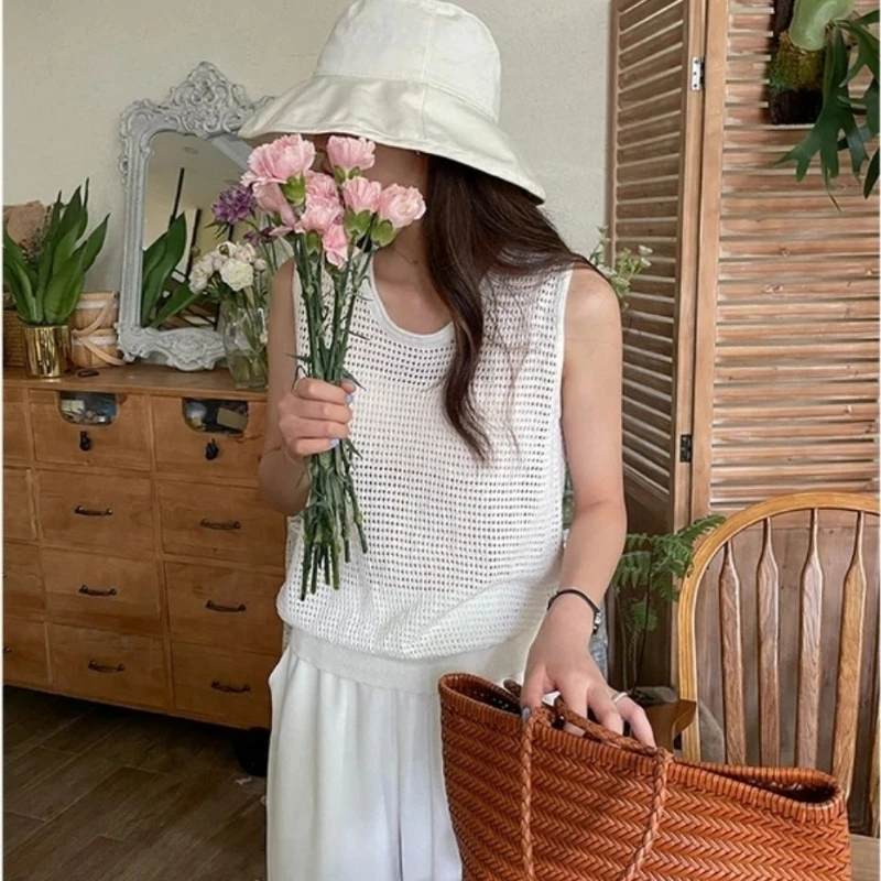 Tanks Women Hollow Out Thin Summer Chic Ulzzang All-match Daily Knitted Solid Casual Simple Retro Harajuku Tops New Топ Женский