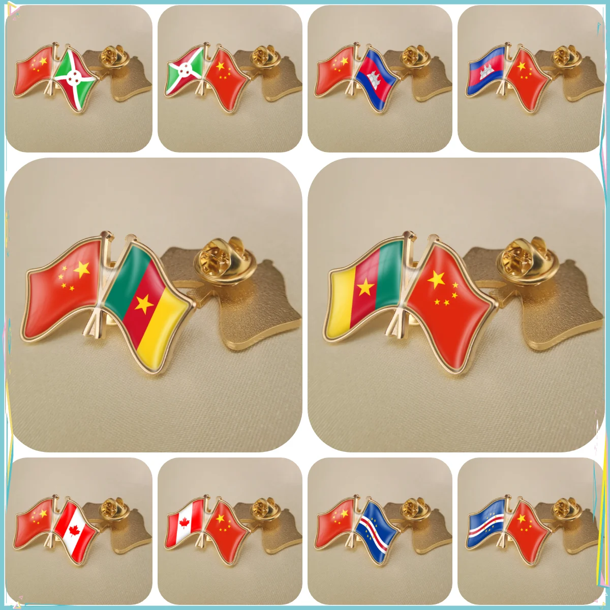 China and Burundi Cambodia Cameroon Canada Cape Verde Crossed Double Friendship Flags Lapel Pins Brooch Badges