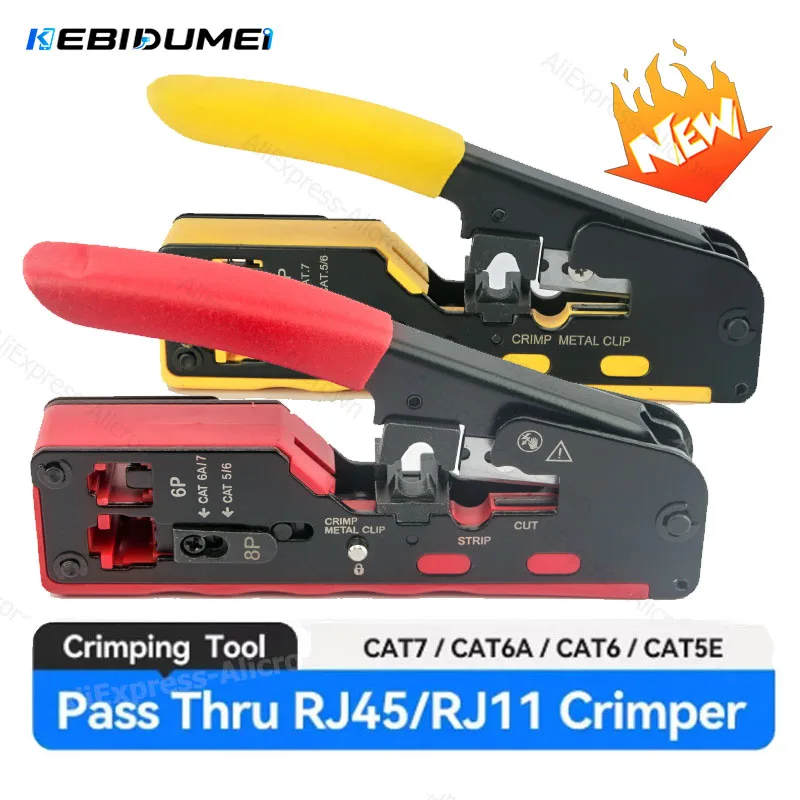  KEBIDUMEI RJ45 Crimper CAT7 Crimping Tool for Pass Through RJ 45 Connector for Cat6 Cat5 Cat5E Plugs With Wire Stripper Cutter