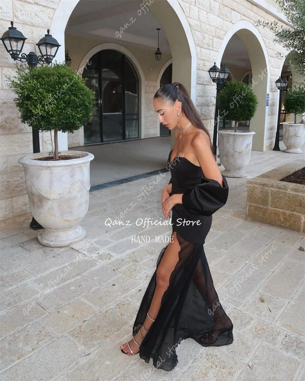 Qanz Dubai Black Prom Dresses Short Slit Satin with Bow Birthday Dress Women 2024 Special Event Abiti Da Cocktail Customized