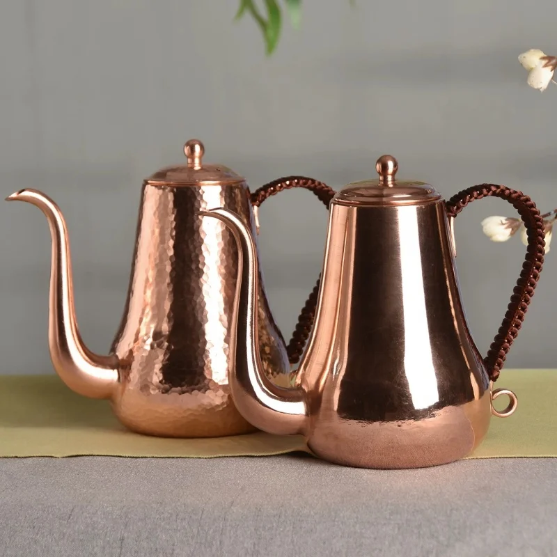 Pure Copper Coffee Pot,Curved Spout Teaware1000 ml Milk Tea Resistant Filter Weave Heat Carry By Hand Kettle,Handcrafted Teapot