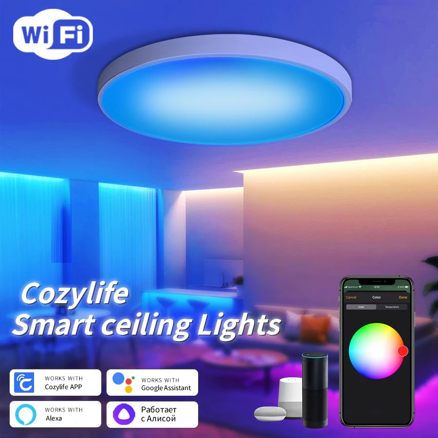 

Умный светодиодный потолочный светильник Cozylife 24 Вт с Wi-Fi, управление через приложение, круглая панель, фоновая подсветка, AC 85-265В, работает с Alexa и Google Home