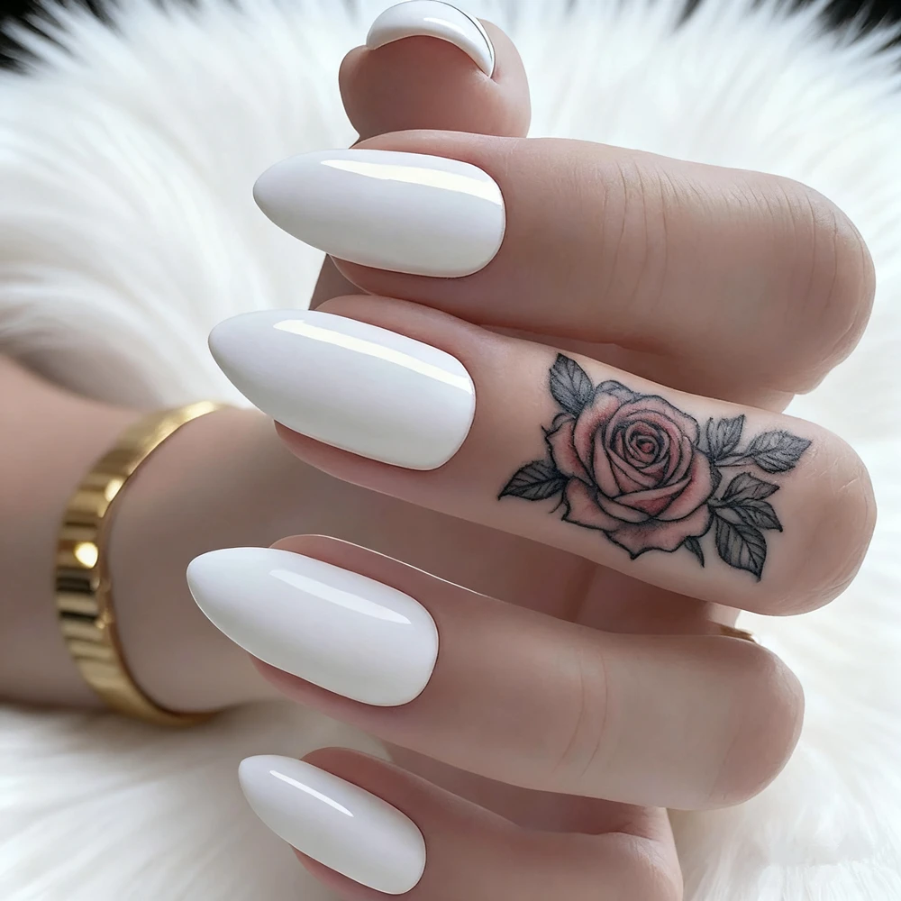 

Shiny White Acrylic False Nails With Glue Woman Press On Fake Nails For Gluing Short Stiletto Shaped DIY Manicure Accessories