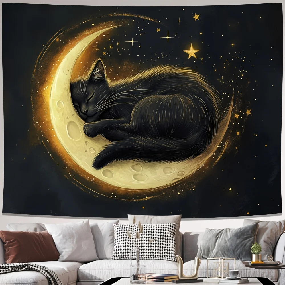 Celestial Cat Moon Tapestry Boho Star Night Wall Art Mystical Zodiac Decor Scandinavian Living Room Bedroom Hanging