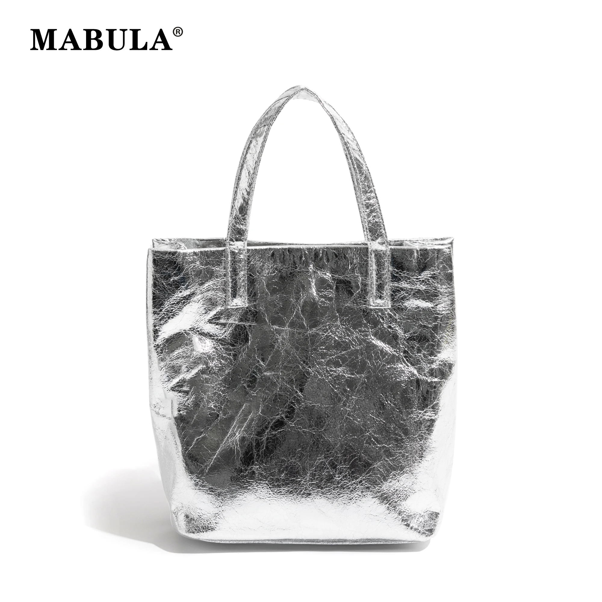 

MABULA Small Square Silver Fashion Ladies Phone Purse PU Leather Solid Color Woman Tote Handbag Simple Casual Shopping Bag