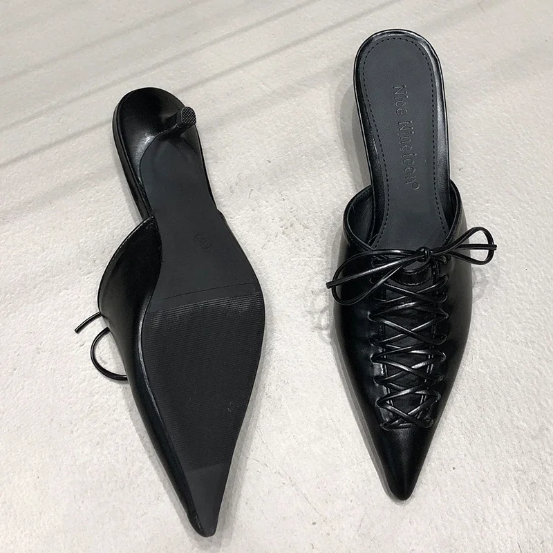 Fashion Pointed Toe Women Heels Shoes Slippers Mules Summer Female Lace up Shallow Outdoor Slides Heeled Ladies Pumps Shoes