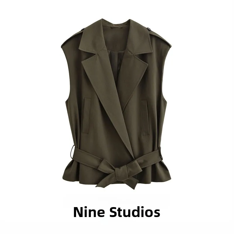 

Женский костюм с воротником-стойкой и поясом, модный маленький жилет-джат 4749896, однотонное полиэфирное волокно для поездок на работу