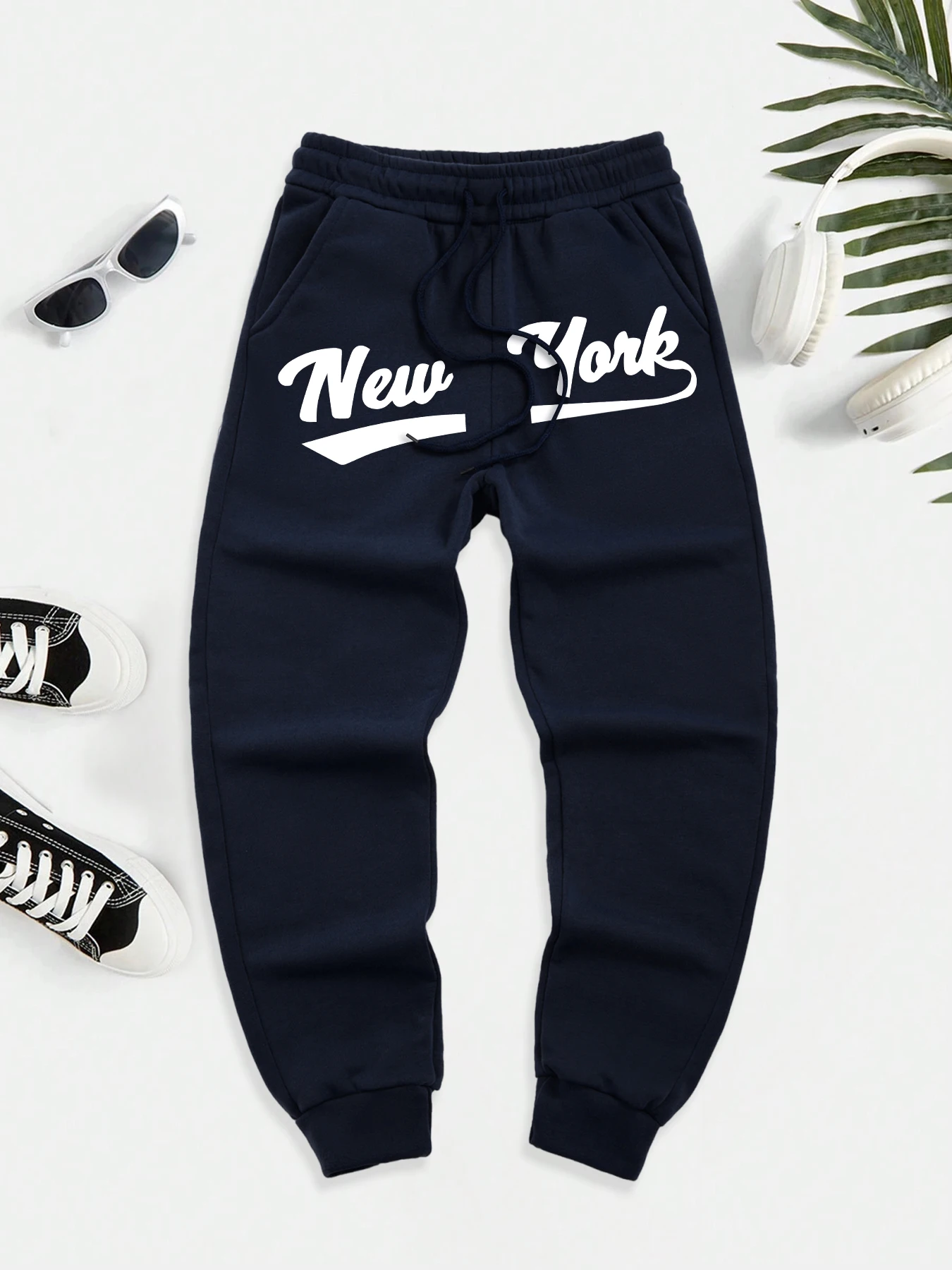 

New York Art Letter Printed Men Pocket Trousers Warm High Street Sportpants Drawstring Basic Britches Casual Autumn Sweatpants