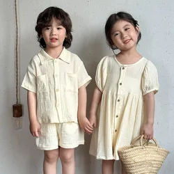 Children's Summer Clothing Set Boys' Short Sleeve Shirt Shorts 2pcs Casual Suit Girls' Solid Color Dress Sister Brother Outfit