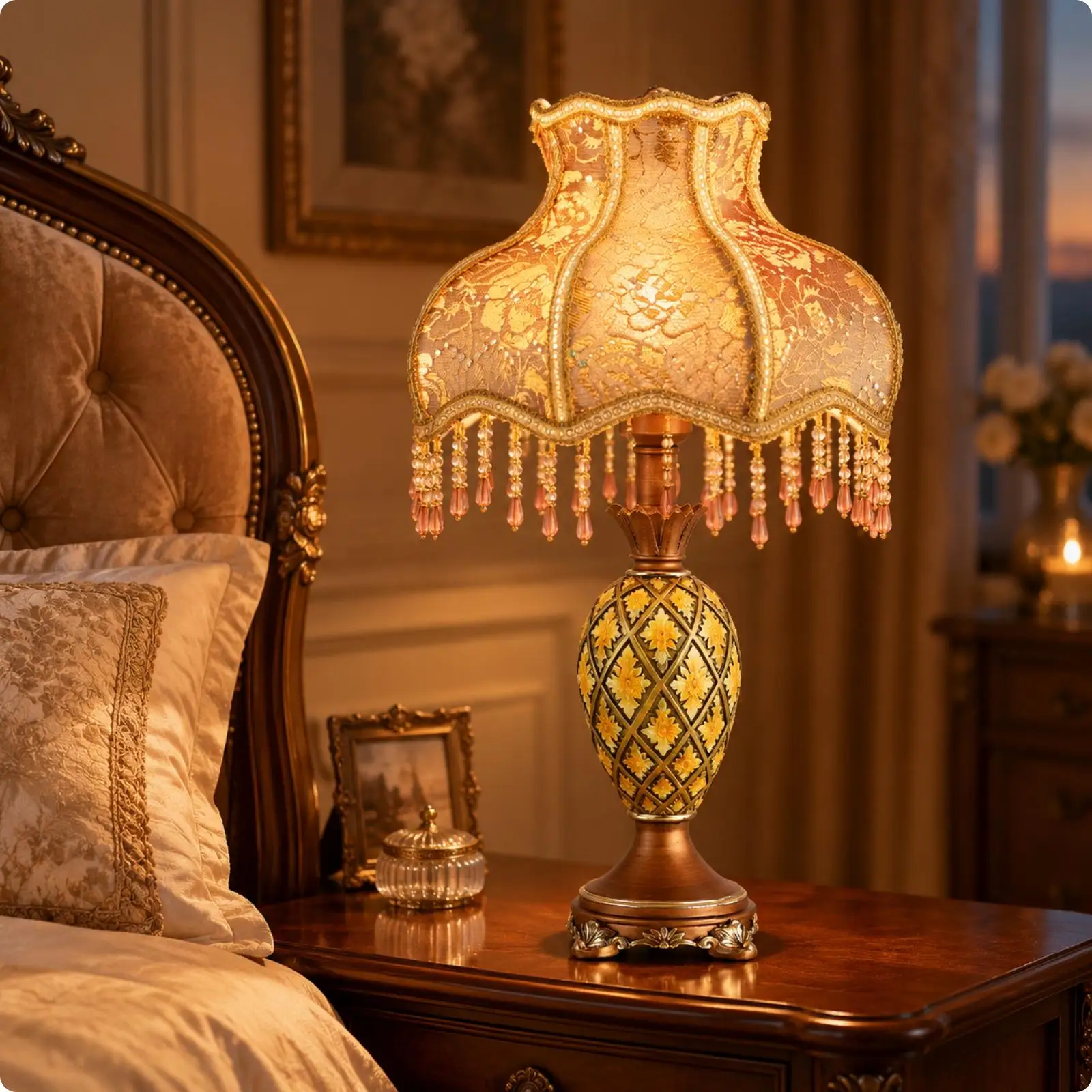 Classic Brown Gold Resin Bedside Lamp with Beaded Fringe Cloth Shade and E27 Bulb for Bedroom Side Table