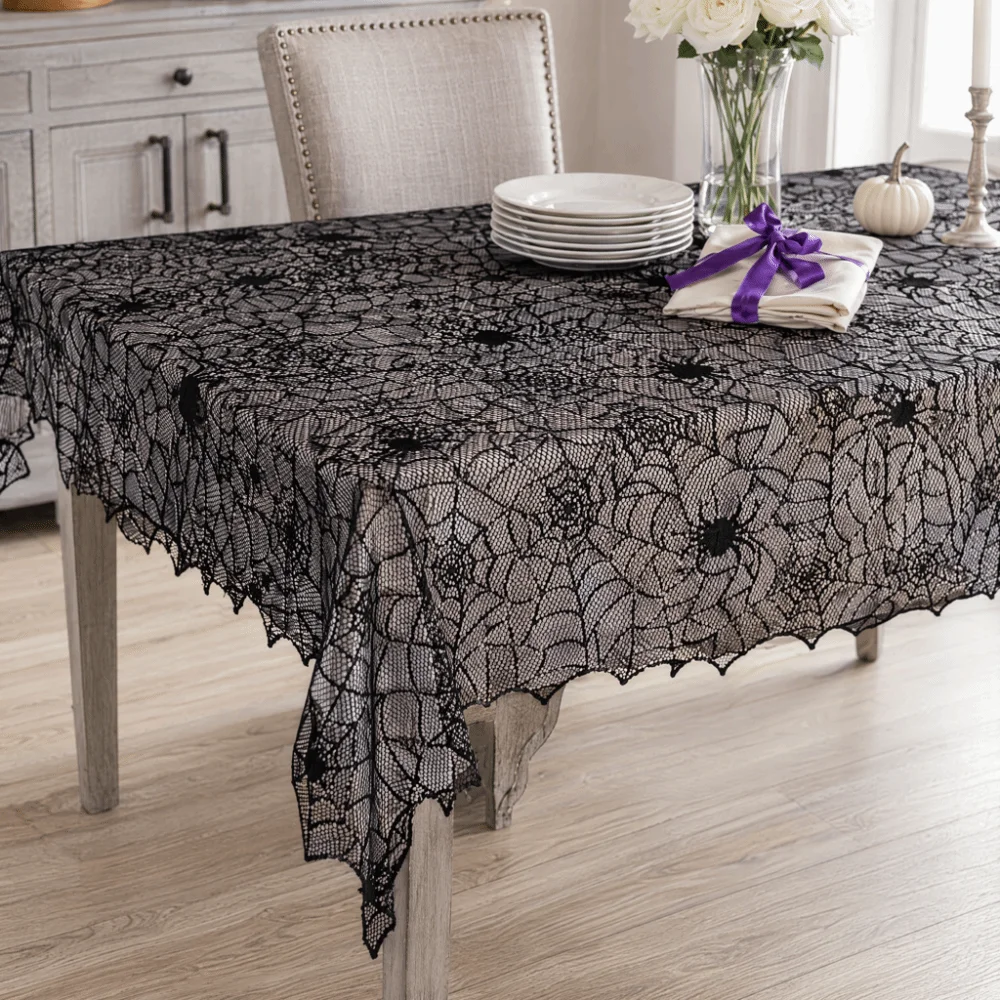 Creepy Portable Halloween Decoration Lightweight Lace Black Tablecloth Ghotic Unique Spider Web Tablecloth Haunted House