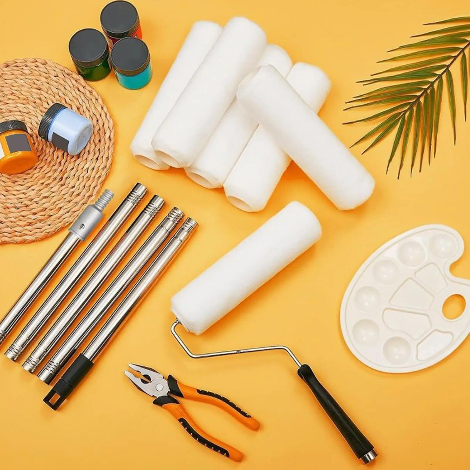 Paint Roller Kit Paint Roller Brush Wall Painting Supplies 9 Inch Extendable Pole Tool Set For Oil Latex Stains Home Improvement