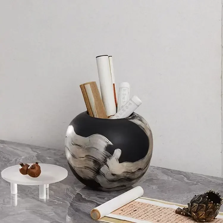 Black ink vase model room hotel bookcase coffee table desktop entrance black and white flower ware soft decoration