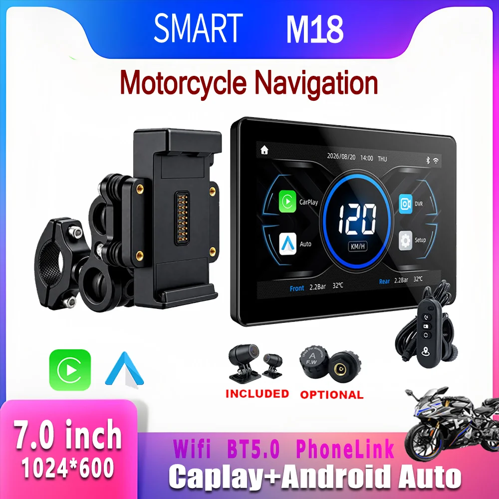 SMART 7.0" Wireless CarPlay Moto Android Auto GPS Motorcycle Navigation Portable Digital Dashboard Anti Theft Removable Screen