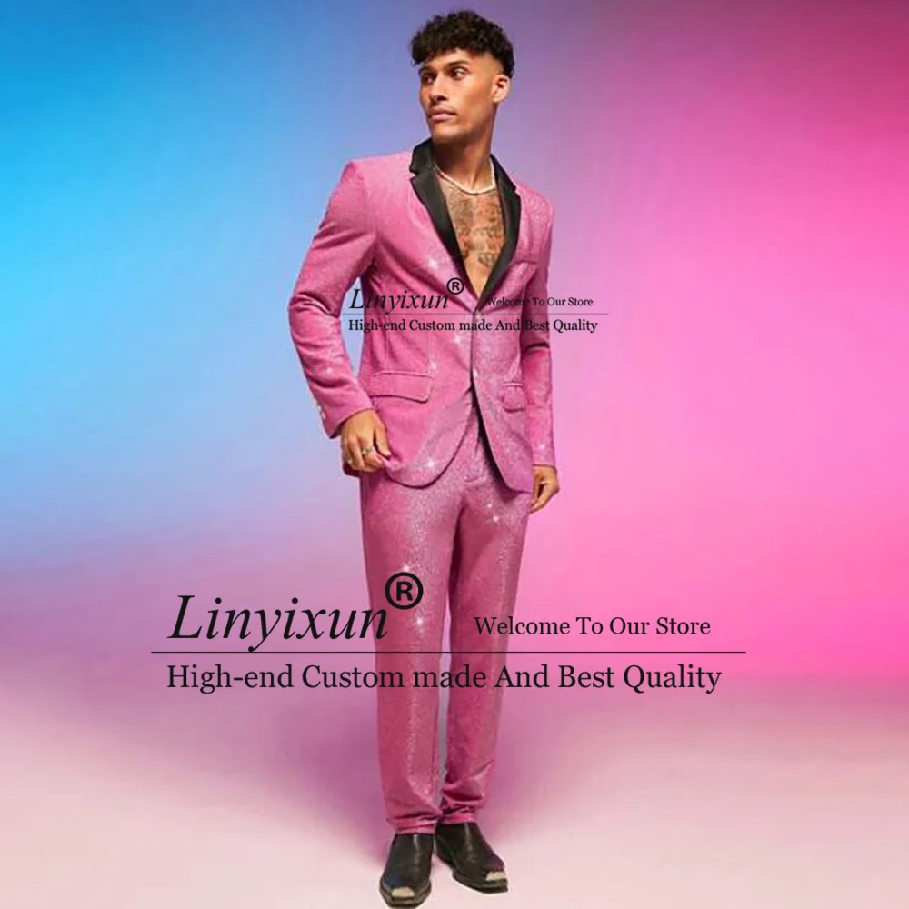 Hot Pink Sequins Men Suits Notched Lapel Groom Tuxedos 3 Pieces Sets Wedding Prom Blazers Pants Outfit Terno Masculino Completo