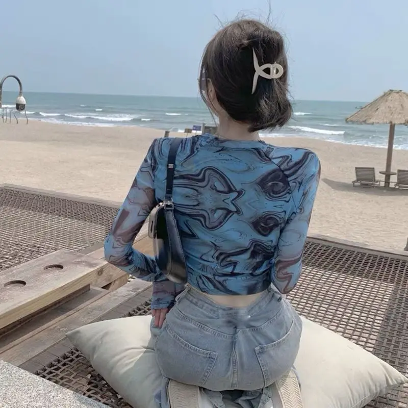 DAYIFUN-O Neck T-Shirts for Women Long Sleeve Tight High Waist Sun Protection Tops Tees Female Summer New Tshirts 2024