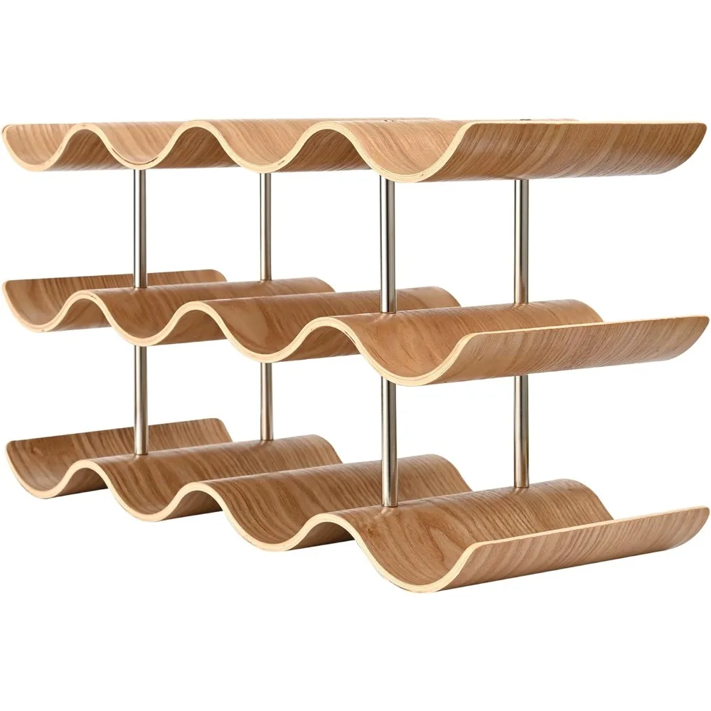 

Wine Rack - 12 Bottle Freestanding Wine Bottle Holder Stand - 3 Tier Wooden Wine Storage Rack - Wavy Wine Organizer for