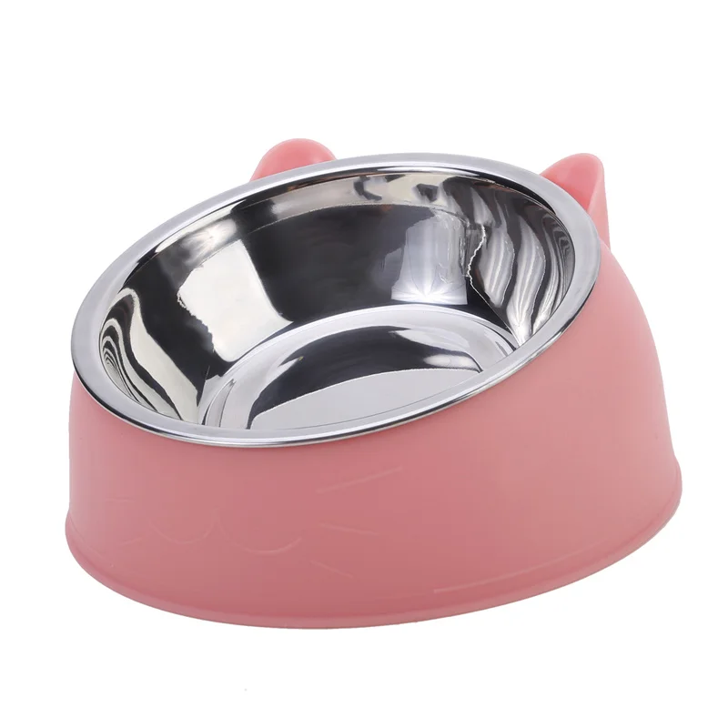 Cat Dog Bowl 15 Degrees Raised Stainless Steel Non Slip Puppy Base Cat Food Drinking Water Feeder Tilt Safeguard Neck Pet Bowl