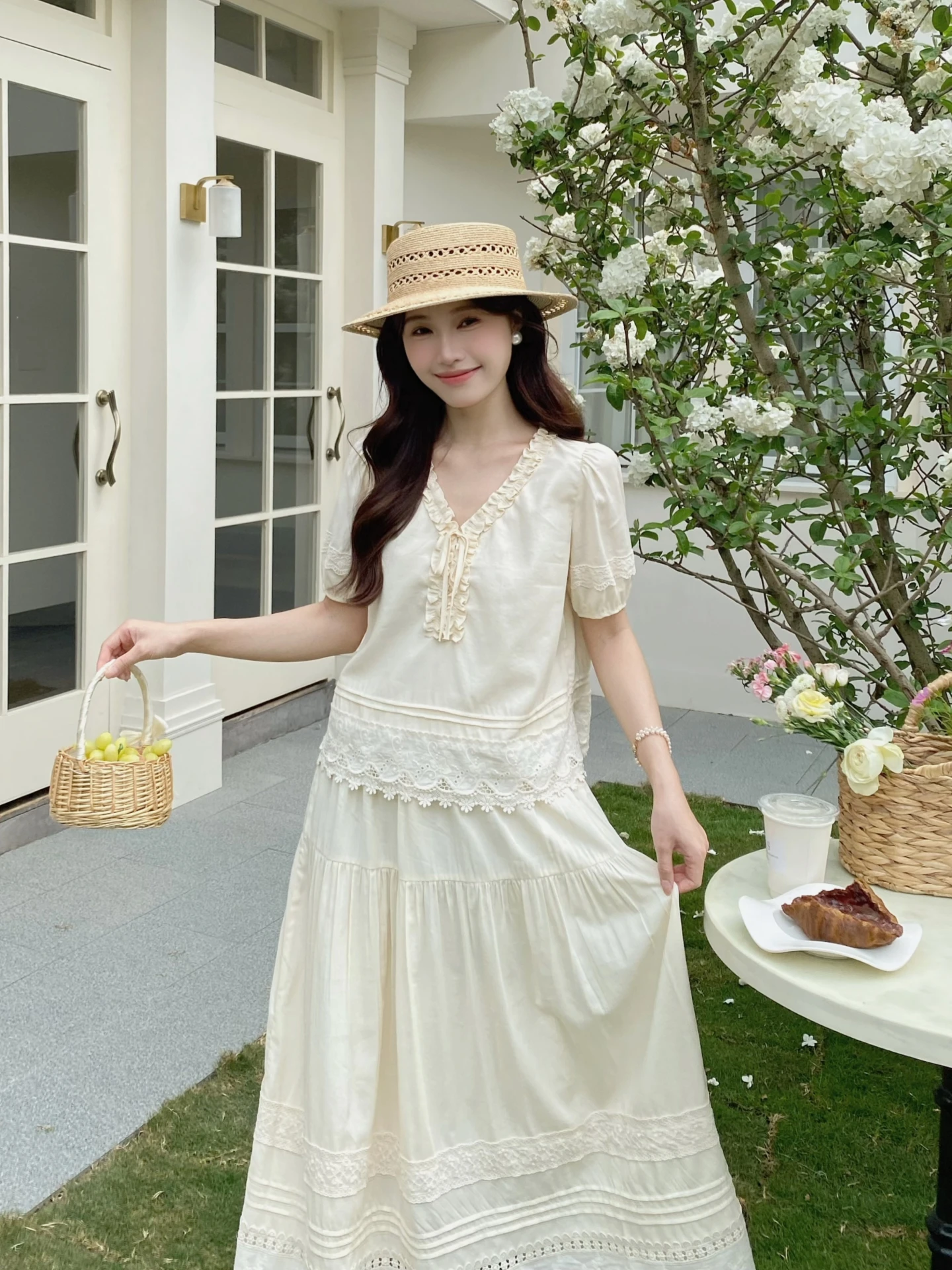 

MOBAI Sweet Gentle V-neck Shirt Women's Elastic High Waist Skirt Summer Set Cotton Short Sleeve Lantern Sleeve Breeze-through