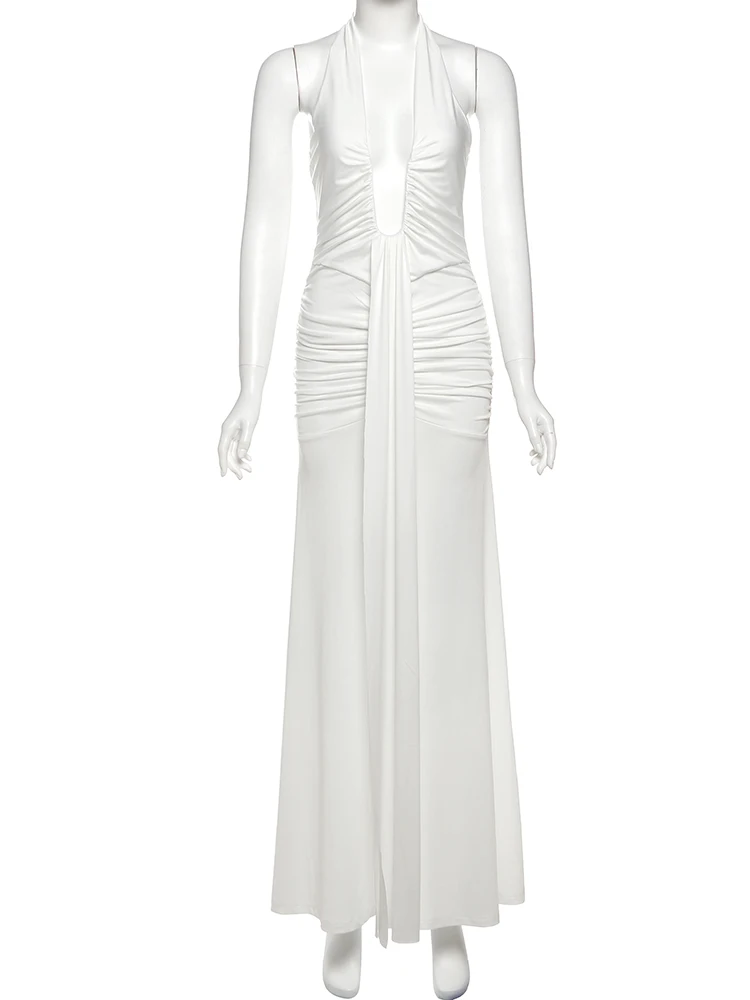 Nibber seksowna sukienka z frędzlami z odkrytymi plecami damska brzoskwiniowa pośladek plisowana patchworkowa solidna Halter bez rękawów północna odzież klubowa Party Vestidos