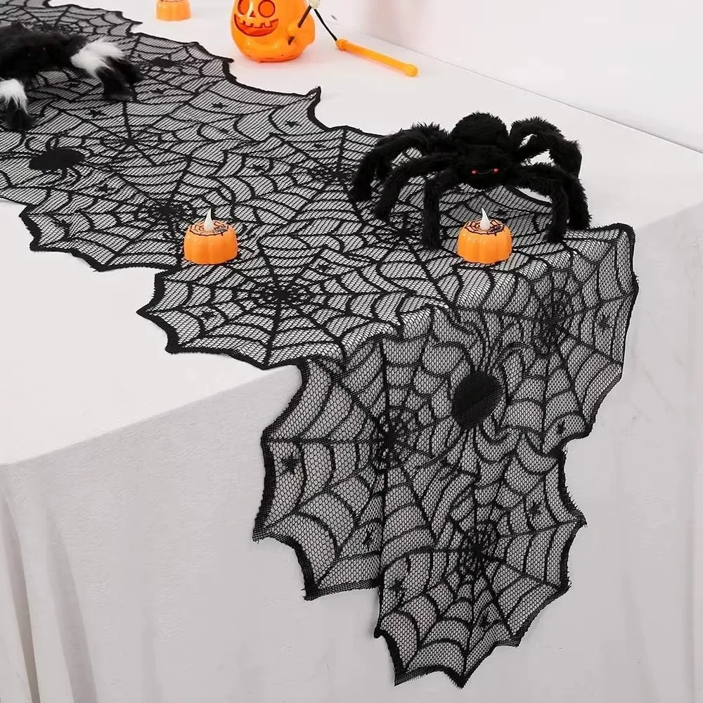 Translucent Spider Web Black Lace Table Runner with Spider Pendant Long Strip Gothic Lace Tablecloth Mesh