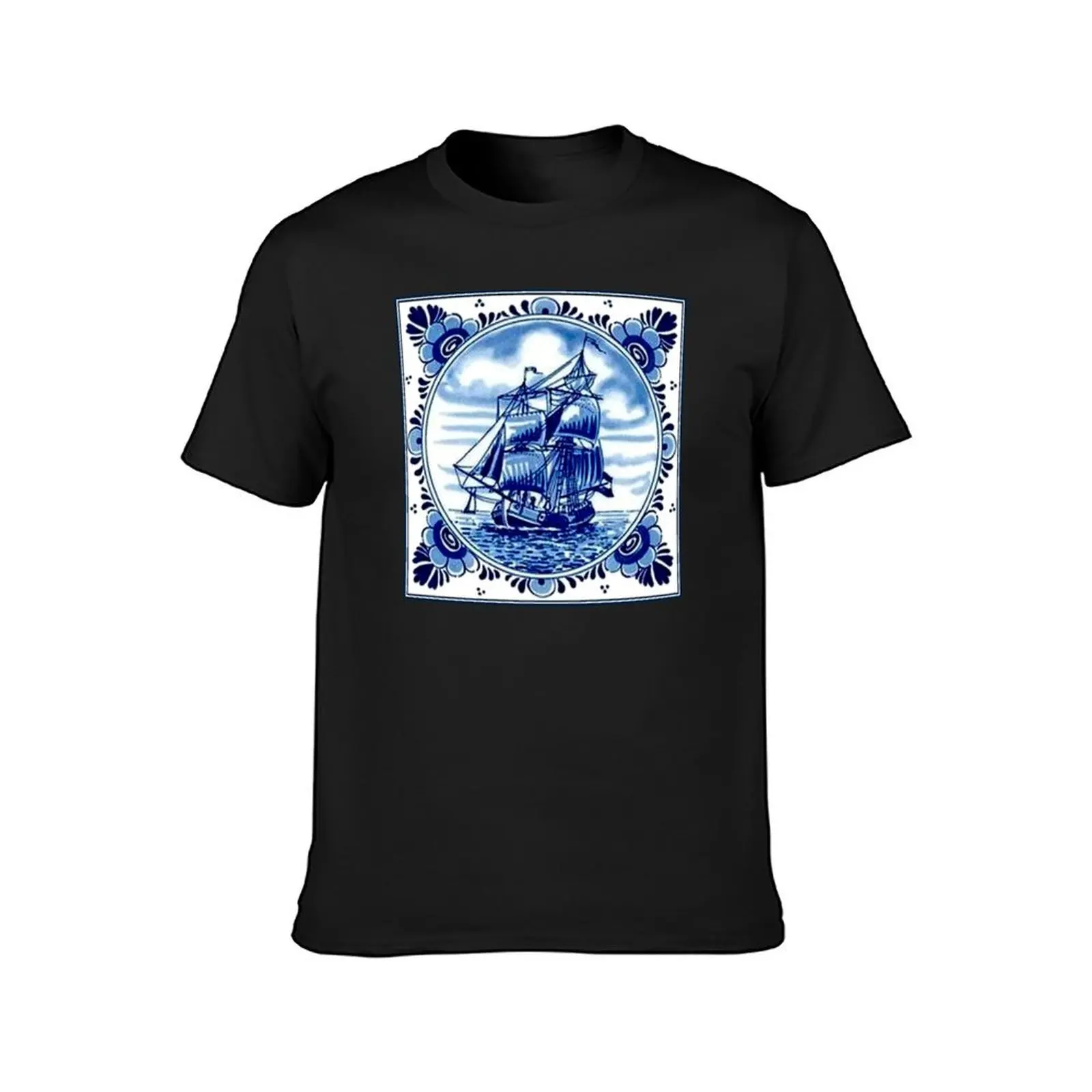 DUTCH BLUE DELFT : Vintage Sailboat and Tall Ship Print T-Shirt blacks plain quick-drying sports fans black t-shirts for men