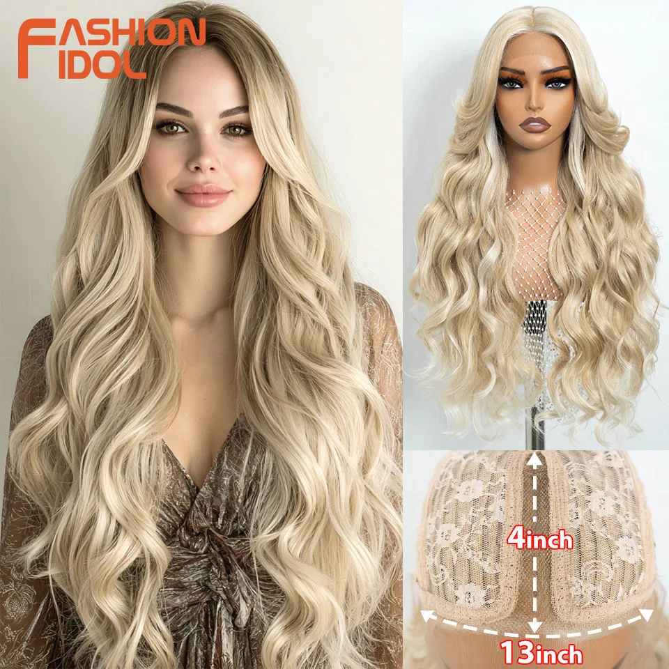 FASHION IDOL 30inch Body Wave Lace Front Wigs Synthetic Glueless With Baby Hair Cosplay Wigs For Women Blonde Deep Wave Lace Wig