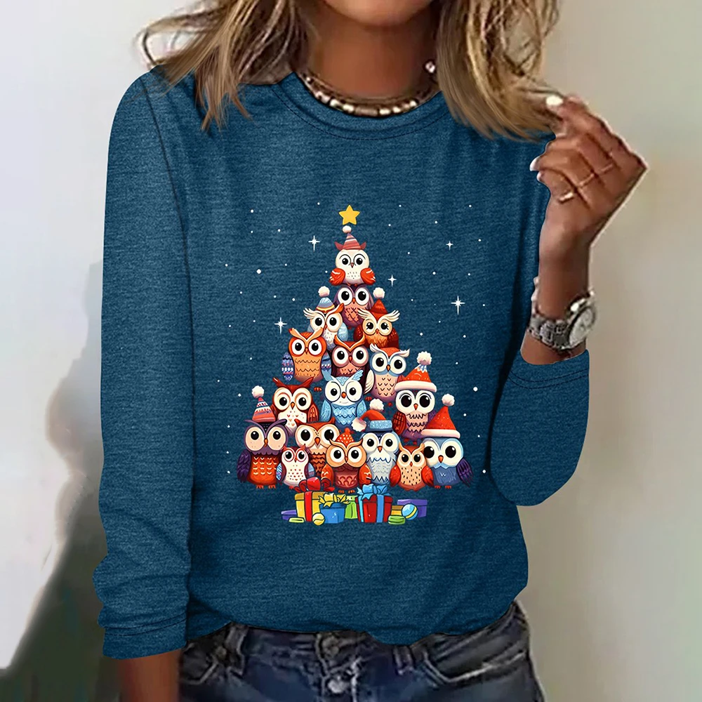 Christmas Owls Cute Cartoon Pattern Women\'s T-shirts Christmas Fashion Loose Long Sleeves T shirt Autumn Cotton Women Clothing