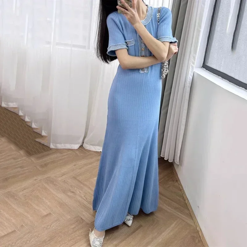 Non Original Sandro Elegant Temperament Dress, Denim Lace Short Sleeved Waistband Knitted Long Skirt, High-end Customization