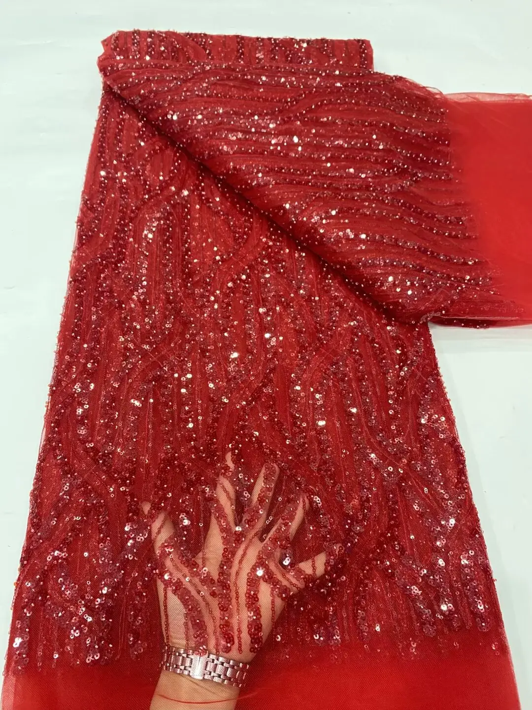 

NDPN352 Red!Wholesale African net lace fabric with sequins,good quality embroidered French tulle lace for party/wedding dress